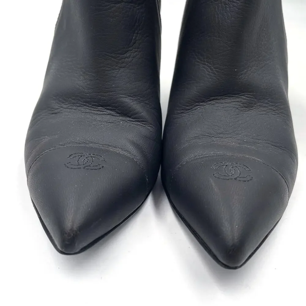 Chanel Wedge Booties Black Leather CC Logo Chain Pointed Ankle‎ Sz 37.5 / 7.5